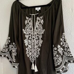 Chic Connection Embroidered Dress Boho Peasant Tassels Lined Olive Size 3X